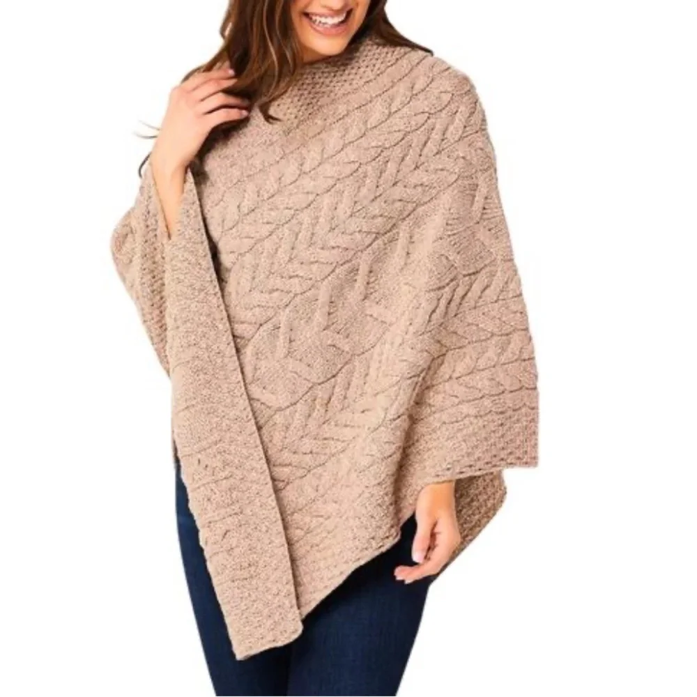 Kilronan Merino Wool V-Neck Poncho Wicker Natural Ireland NOWT Size XS/S